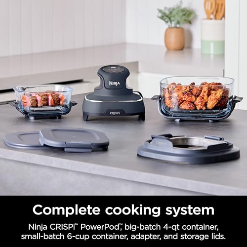 Ninja Crispi 4 in 1 Portable Glass Air Fryer Cooking System, 4QT &amp; 6 Cup Glass Containers with Storage Lids, Easy Meals, Microwave, Freezer &amp; Dishwasher Safe, Air Fry, Bake &amp; More, Cyberspace, FN101GY : Home &amp; Kitchen