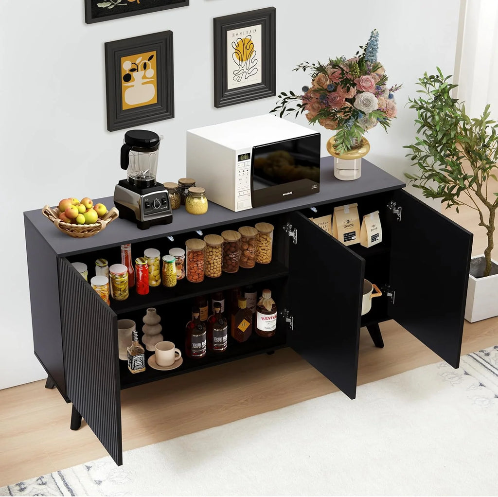 Modern Sideboard Buffet Cabinet Console Table, Accent Storage Cabinet Credenza Buffer Cabinets with 4 Fluted Doors for Kitchen Dining Living Room Entryway (Walnut)1 pcs