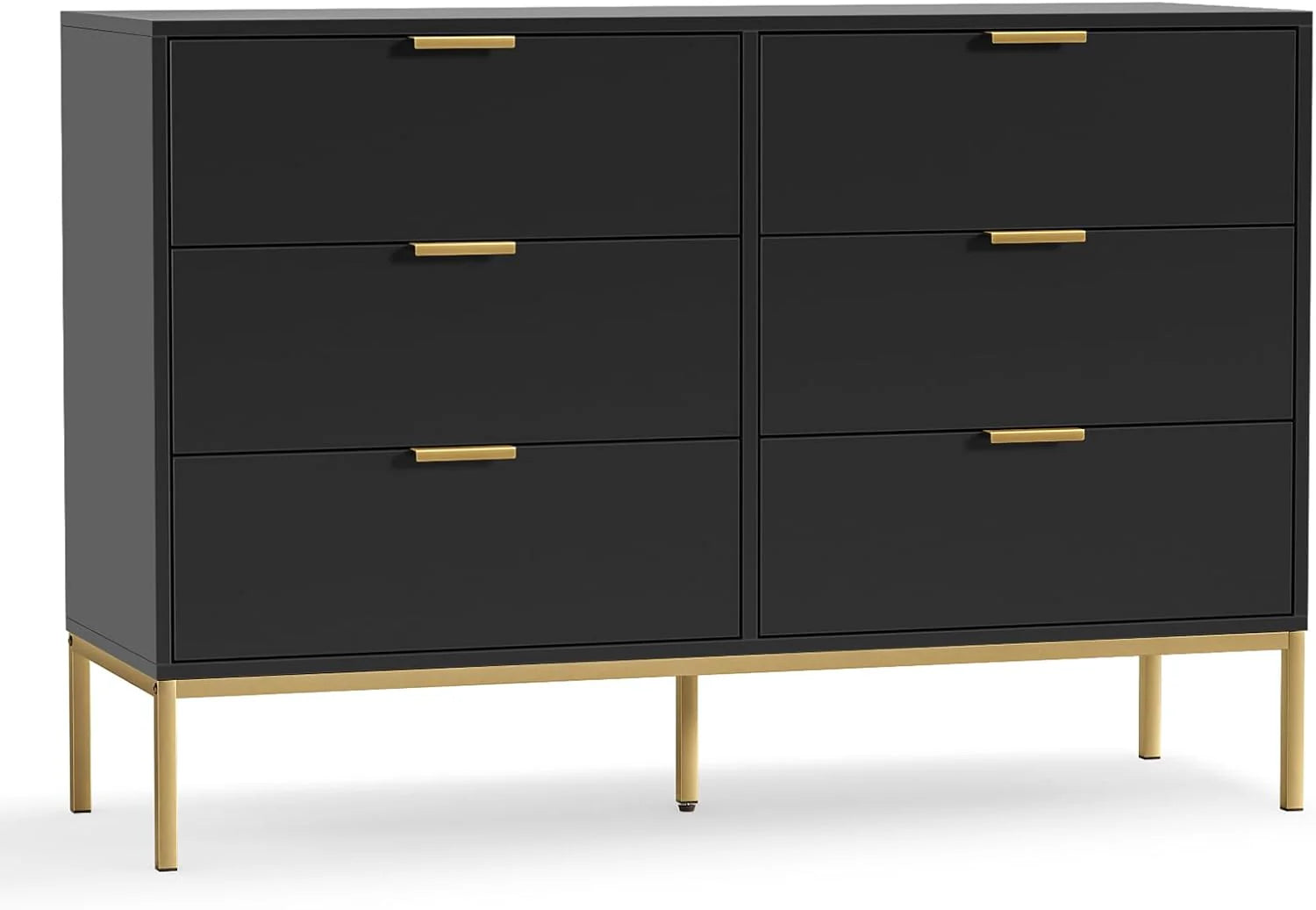 Black Dresser for Bedroom, Modern 6 Drawer Dresser, Chest of Drawers Closet Organizers and Wood Storage Clothes, White Dresser with Golden Handles for Living Room, Hallway1 pcs