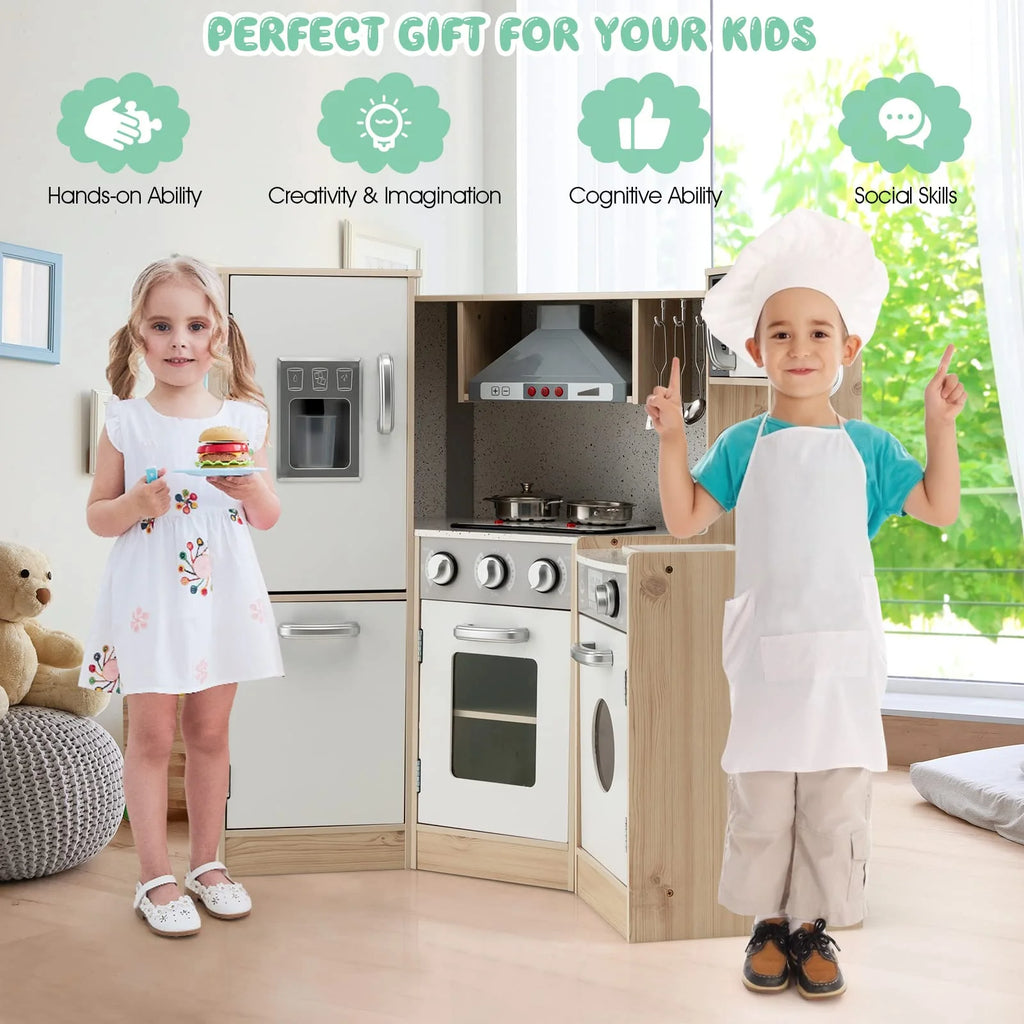 Kids Corner Kitchen Playset, 9-in-1 Wooden Pretend Play Kitchen Toy Set w/Realistic Light & Sound