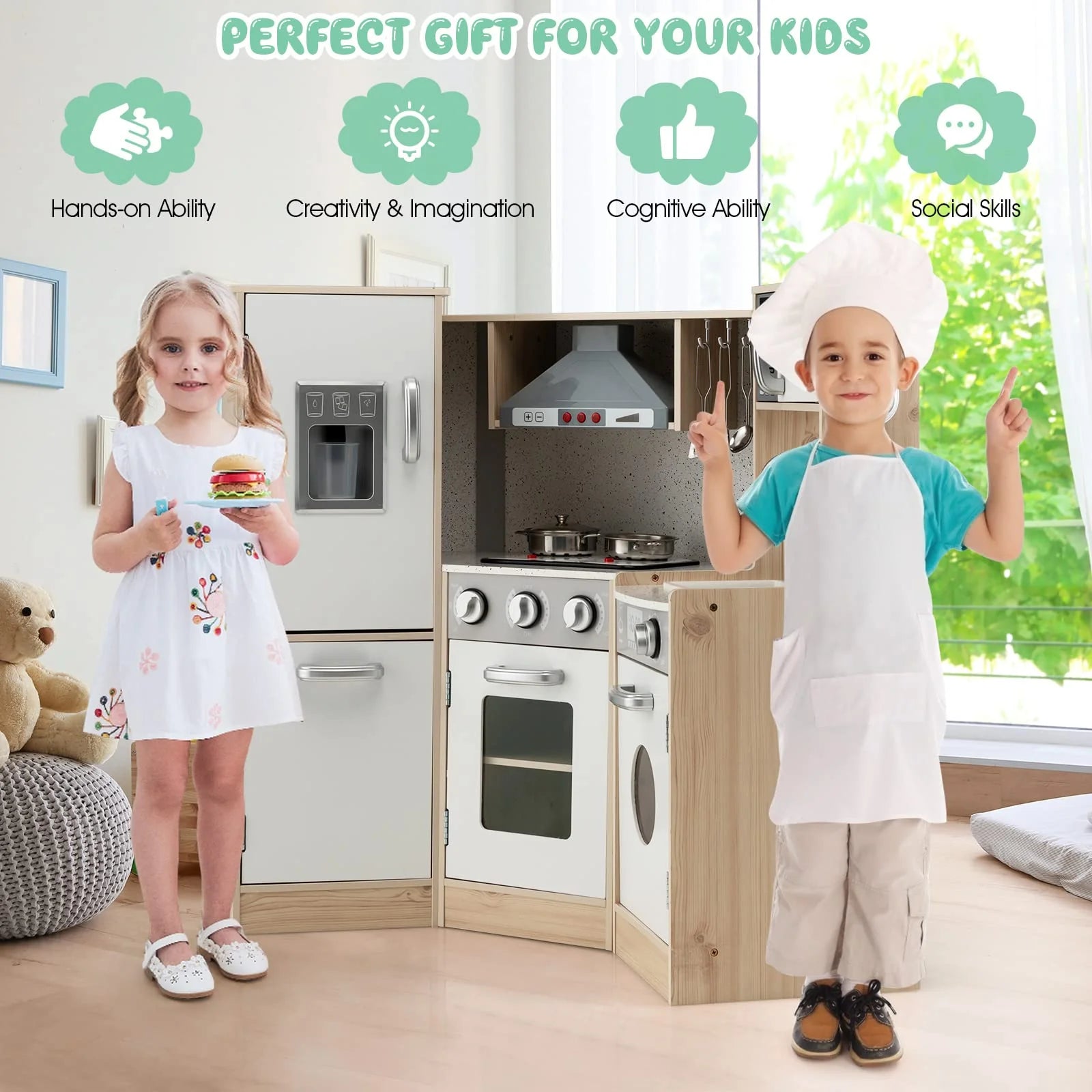 Kids Corner Kitchen Playset, 9-in-1 Wooden Pretend Play Kitchen Toy Set w/Realistic Light & Sound