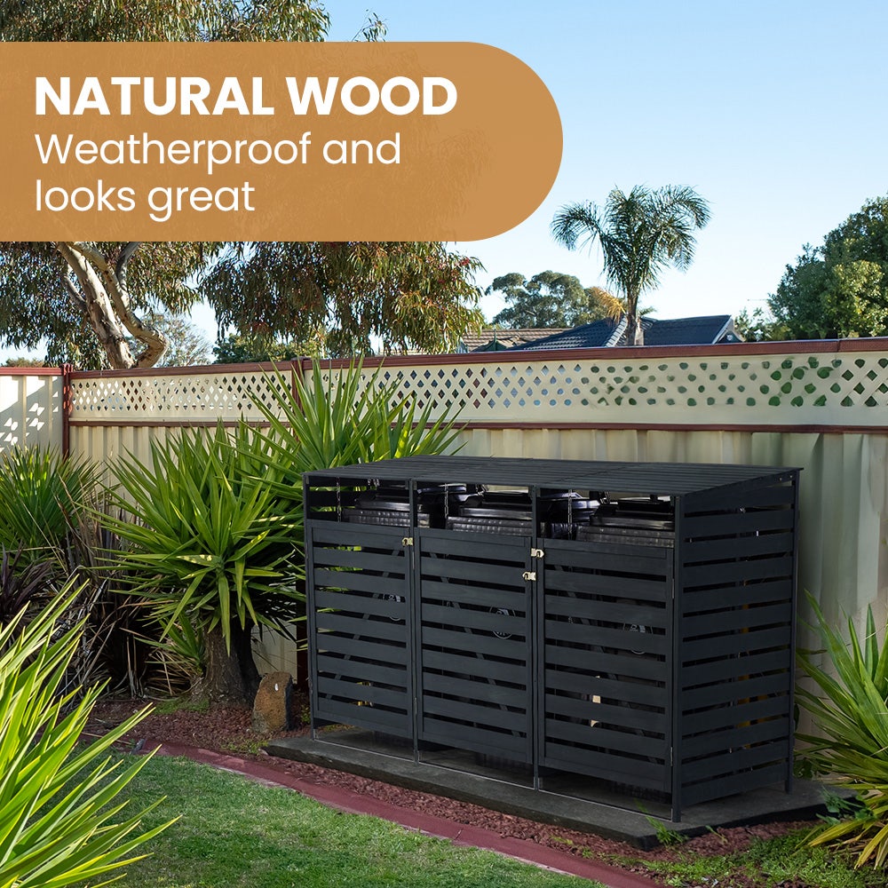 PLANTCRAFT Triple Wood Wheelie Bins Storage Shed, 3 Door Garbage Rubbish Bin Enclosure