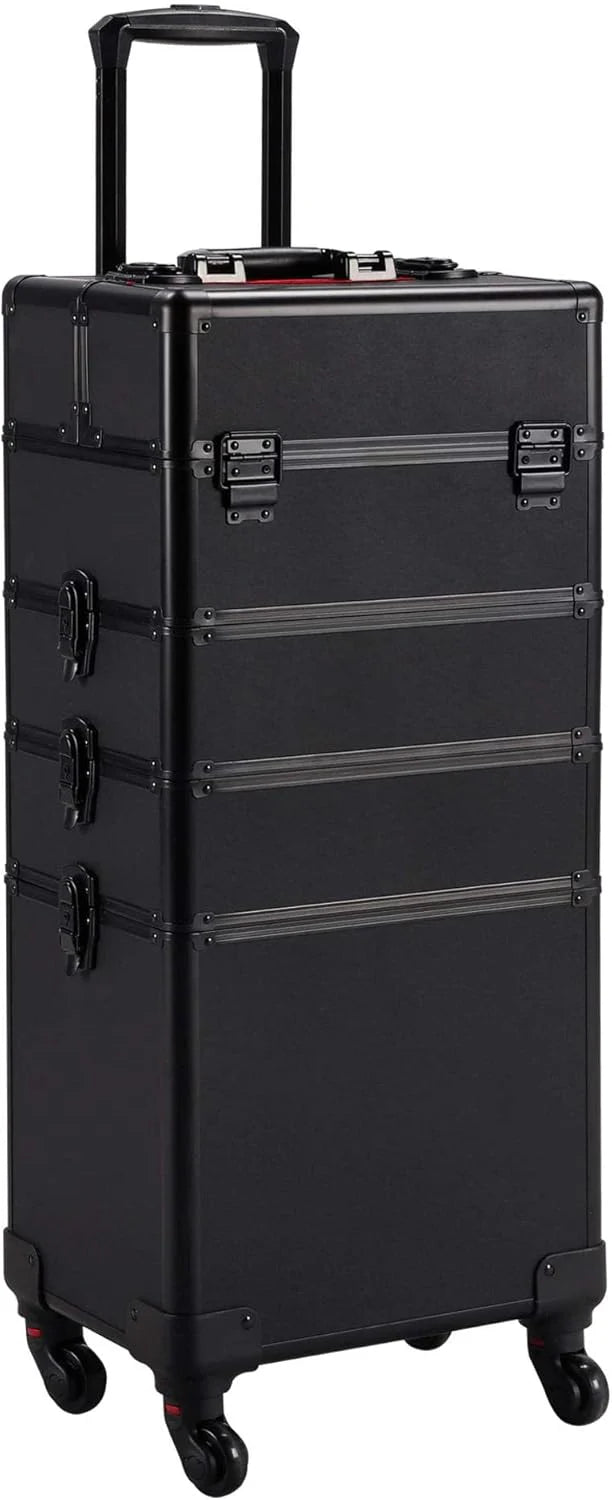 4 in 1 Professional Rolling Aluminum Cosmetic Makeup Train Organizer Storage Case Artist Train Case Salon Beauty Cosmetic Jewelry Organizer Trolley with 4 Wheels (All Black)1 pcs
