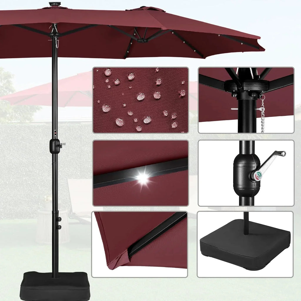 15 ft Large Patio Umbrella with Solar Lights Double-Sided Outdoor Rectangle Market Umbrellas with 36 LED Lights/Base Included/Easy Crank for Patio Garden Yard Pool Lawn, Brown