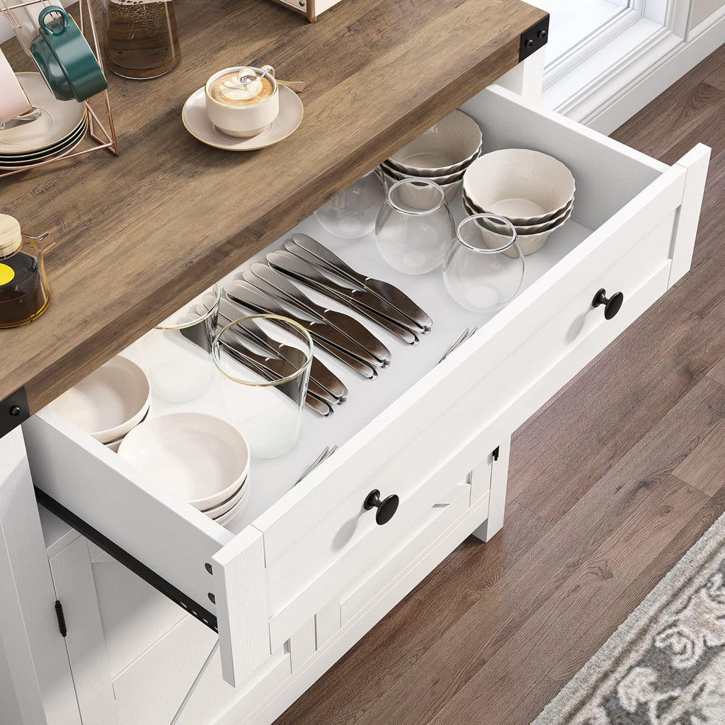 Coffee Bar Cabinet, Kitchen Storage Cabinet, Modern Farmhouse Buffet Sideboard with Drawer and Adjustable Shelf, Barn Door Accent Cabinets for Kitchen, Dining Room, Entryway, White1 pcs