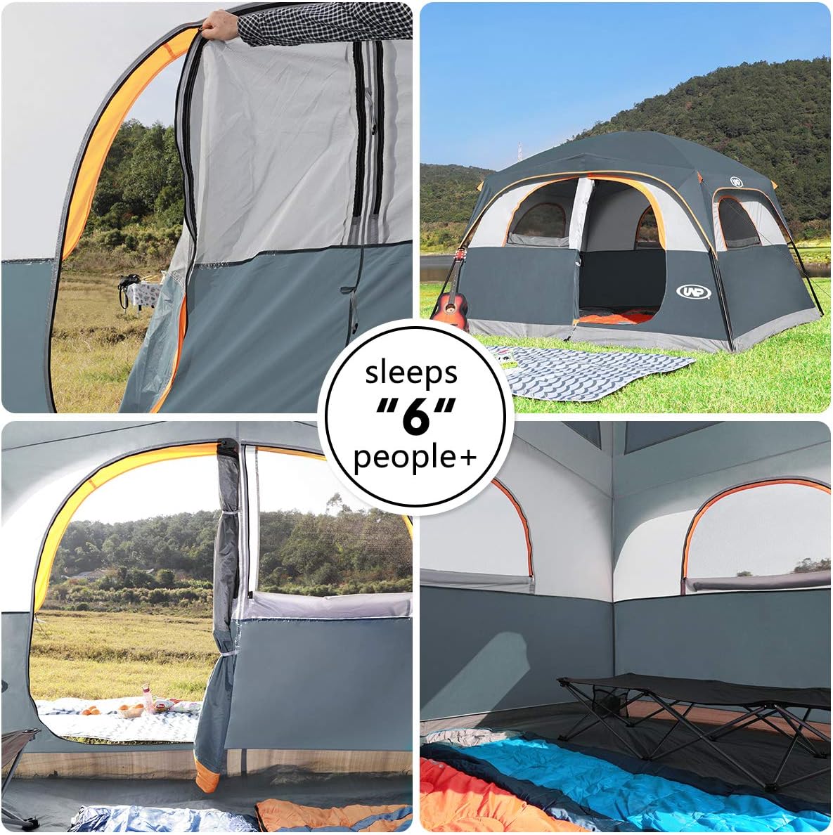 A 6-person waterproof and windproof portable family camping tent, with a double-layer structure, equipped with 1 mesh door and 5 large mesh windows - height of 10 feet × 9 feet × 78 inches (unit: inches)1 pcs