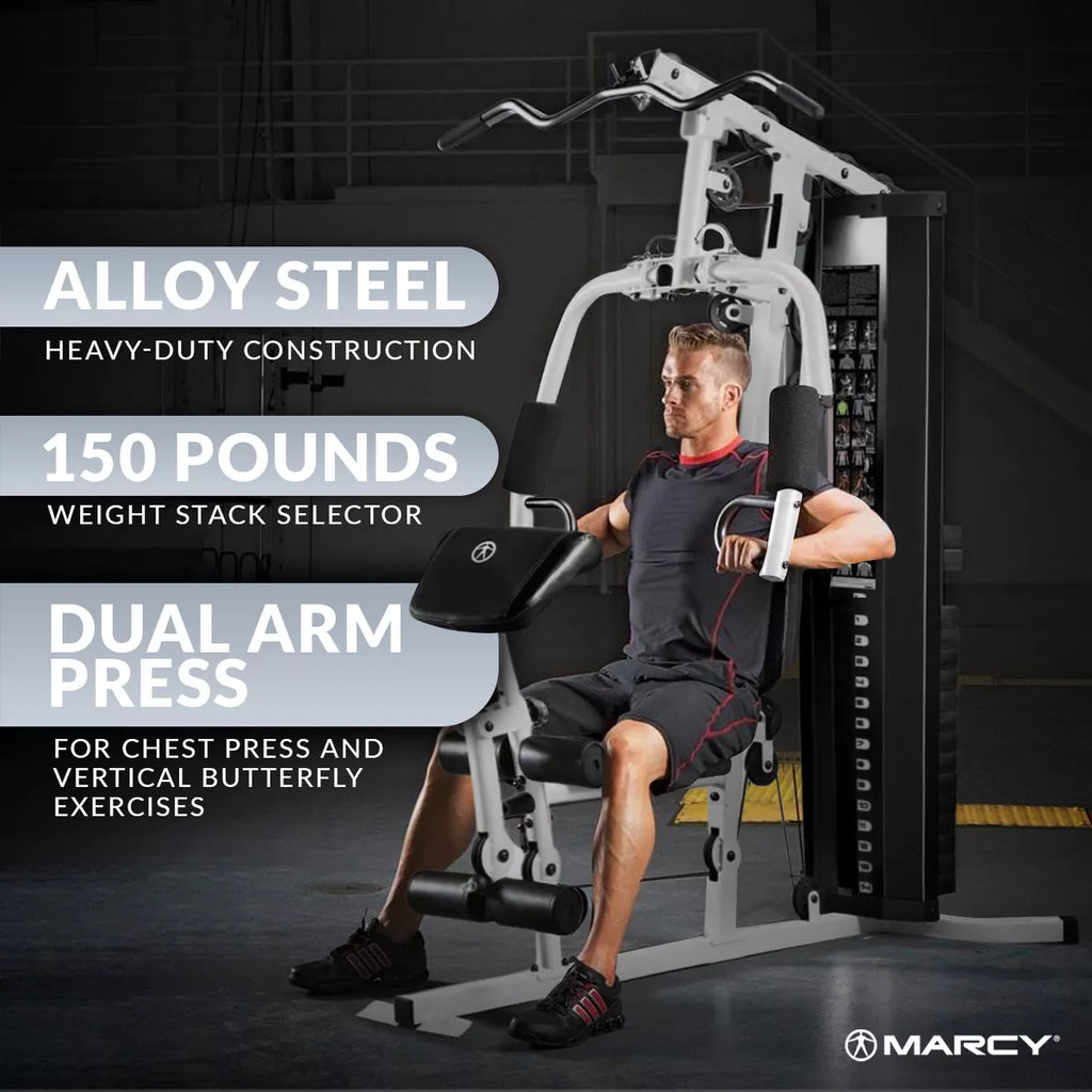 Marcy 150 Pound Stack Home Gym, Dual Function Arm Press &amp; Leg Developer, Full Body Workout, Black/White