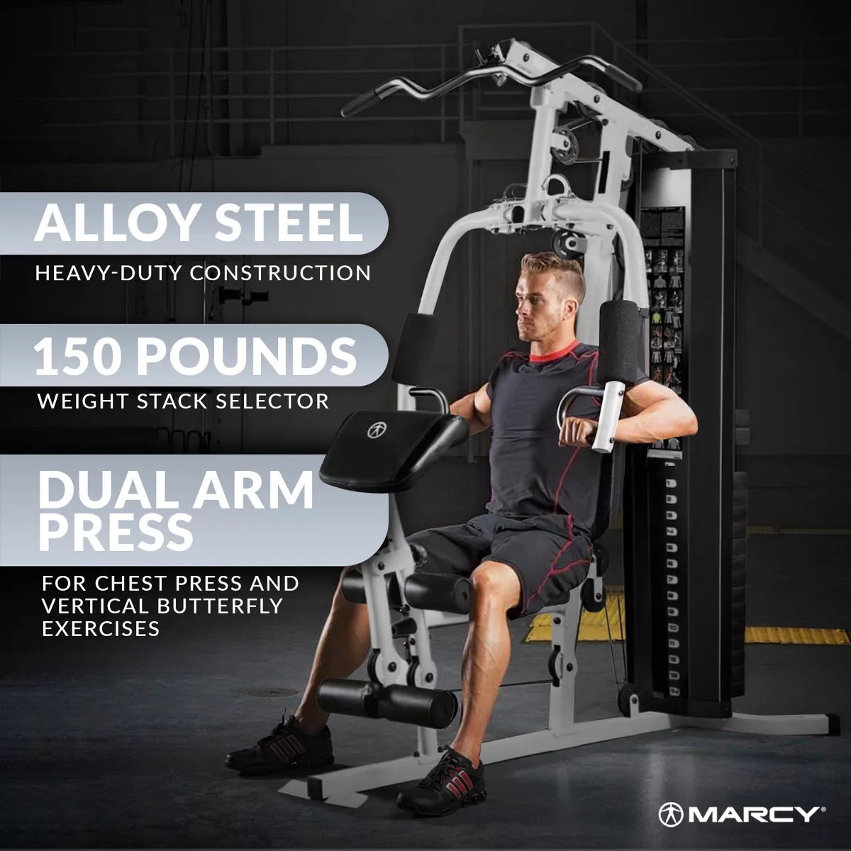 Marcy 150 Pound Stack Home Gym, Dual Function Arm Press &amp; Leg Developer, Full Body Workout, Black/White