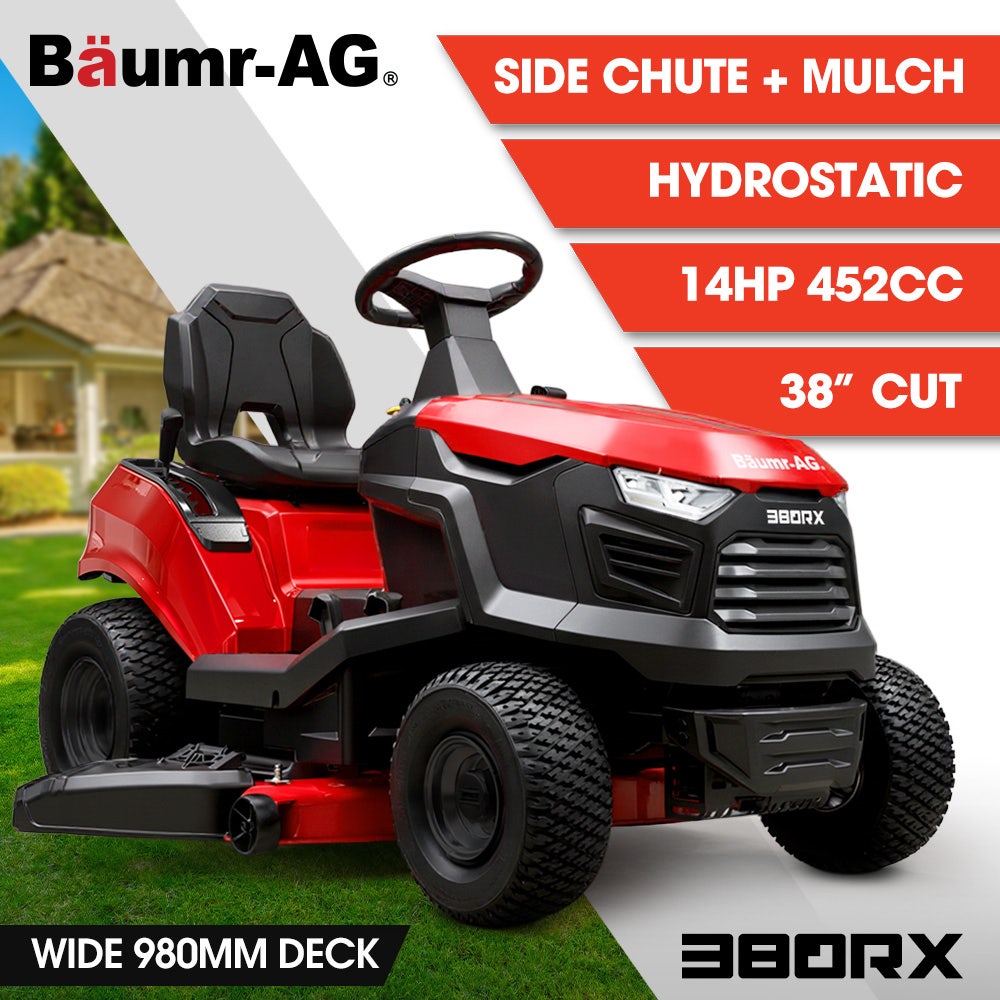 BAUMR-AG 38" Ride On Mower Lawn Tractor, Side Discharge or Mulch, Electric Start, 14hp 452cc, Hydrostatic, 100kg Towing, 7 Cut Heights