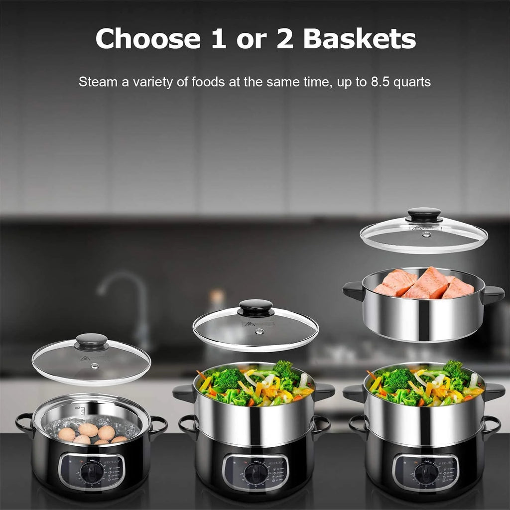2 stainless steel food steamers, 8.5 liters capacity, electric glass-covered vegetable steamer, double-layer stackable steaming basket, with timer included1 pcs