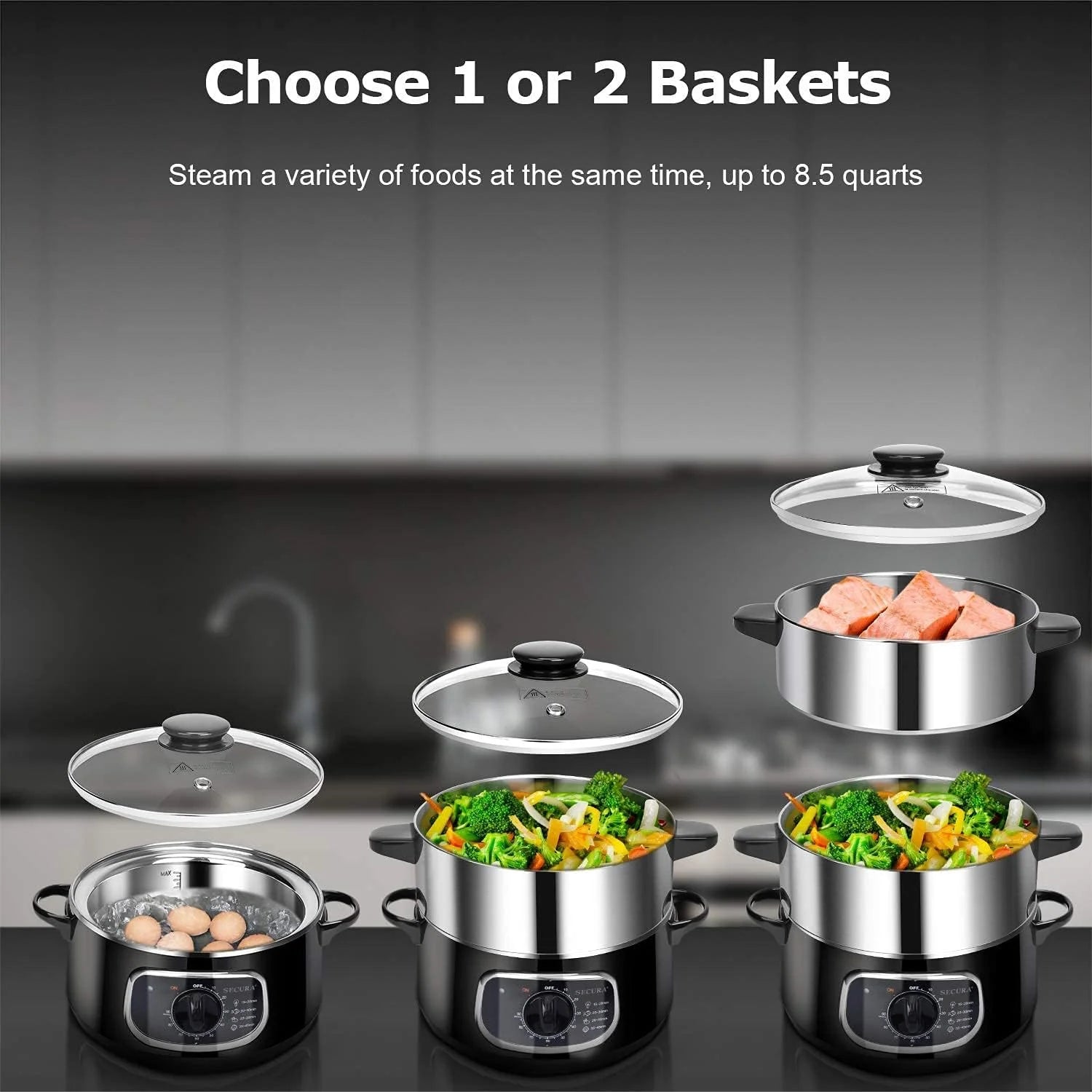 2 stainless steel food steamers, 8.5 liters capacity, electric glass-covered vegetable steamer, double-layer stackable steaming basket, with timer included1 pcs