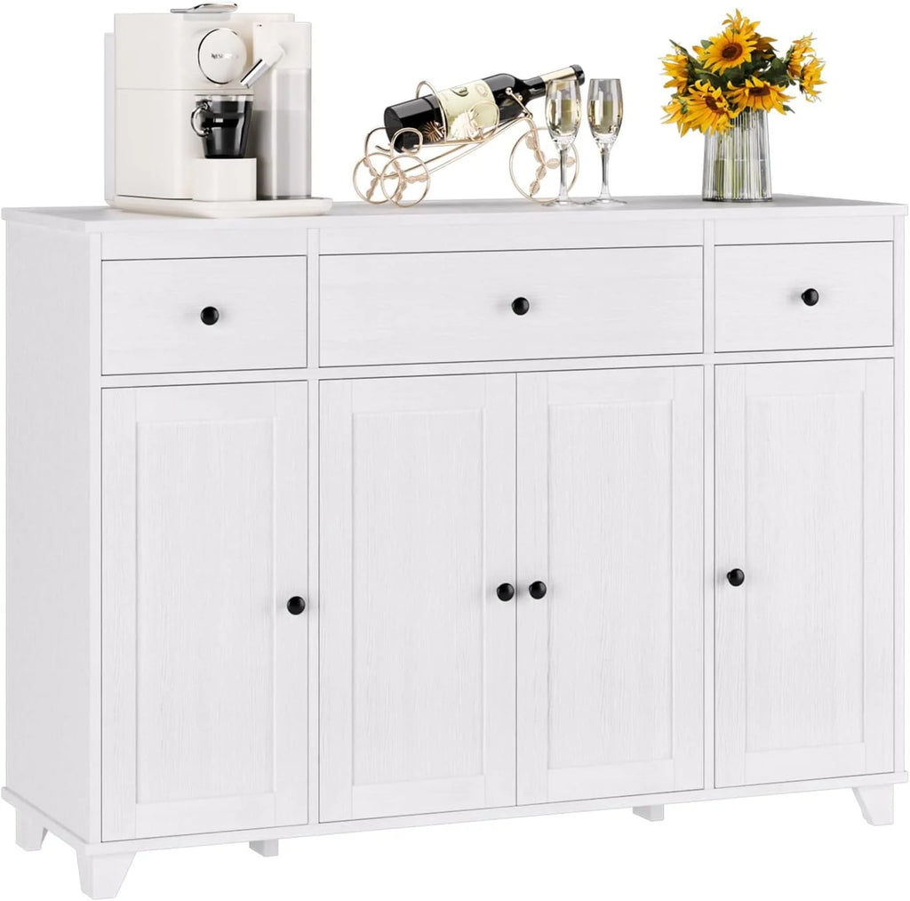 Sideboard Buffet Cabinet with Storage, 47" Kitchen Storage Cabinet with 3 Drawers, 4 Doors & Adjustable Shelves, Modern Coffee Bar Cabinet Wood Accent Cupboard for Dining Living Room, White1 pcs
