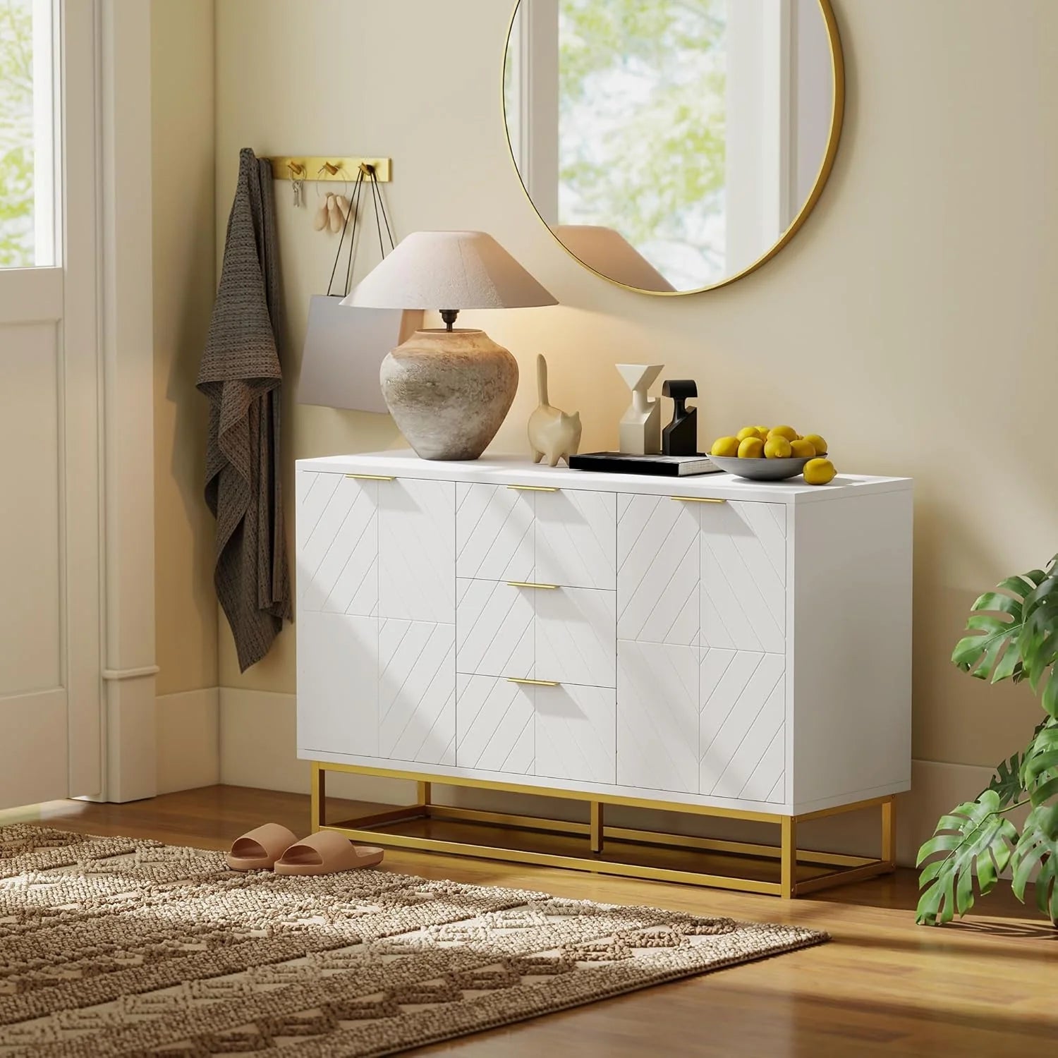 Sideboard Buffet Cabinet with Storage, Contemporary Buffet Cabinet with Adjustable Shelves and Metal Legs, Kitchen Storage Cabinet with Elevated Base, White1 pcs