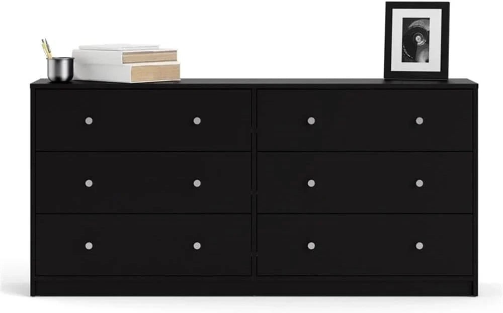 3-Pc Scandinavian Design Engineered Wood Bedroom Furniture Set with 3-Drawer Chest & 6-Drawer Double Dresser & 1-Drawer Nightstand, Pewter Plastic Handles, Smooth Plastic Glides, in Black
