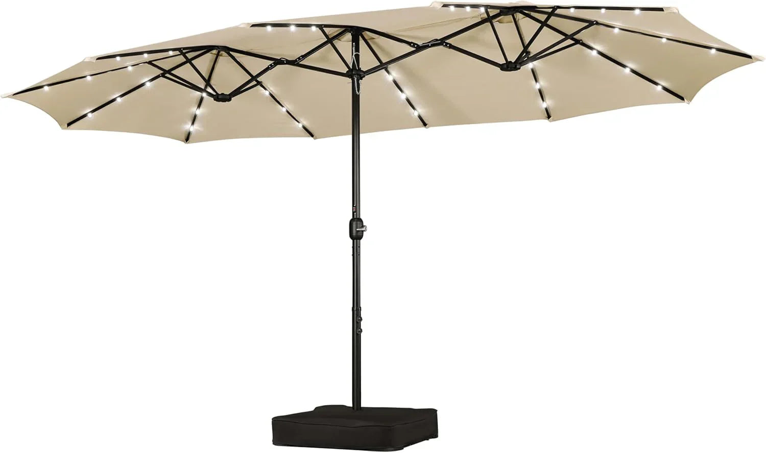 15 ft Large Patio Umbrella with Solar Lights Double-Sided Outdoor Rectangle Market Umbrellas with 36 LED Lights/Base Included/Easy Crank for Patio Garden Yard Pool Lawn, Brown