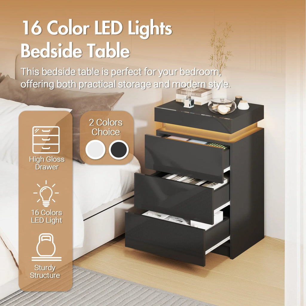 2 Set of Bedside Table 3 Drawers With LED Light