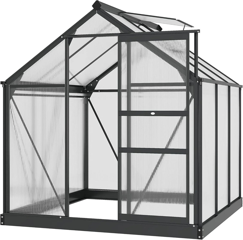 Outsunny 6' x 6' x 6.6' Polycarbonate Greenhouse, Walk-in Green House Kit Garden, Plants Grow, Galvanized Sheet Aluminum Frame with Rain Gutter, Vent and Sliding Door, Grey1 pcs