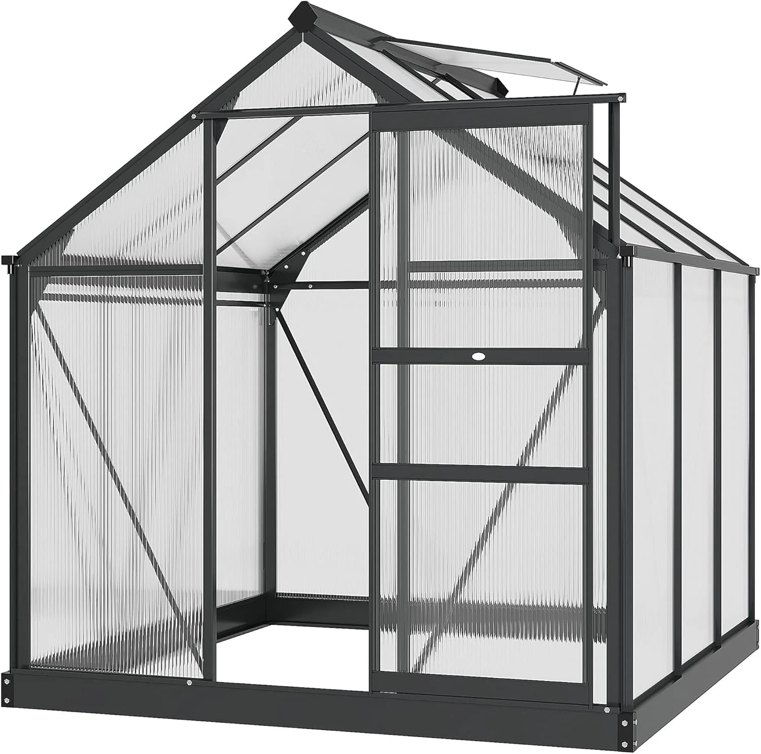 Outsunny 6' x 6' x 6.6' Polycarbonate Greenhouse, Walk-in Green House Kit Garden, Plants Grow, Galvanized Sheet Aluminum Frame with Rain Gutter, Vent and Sliding Door, Grey1 pcs