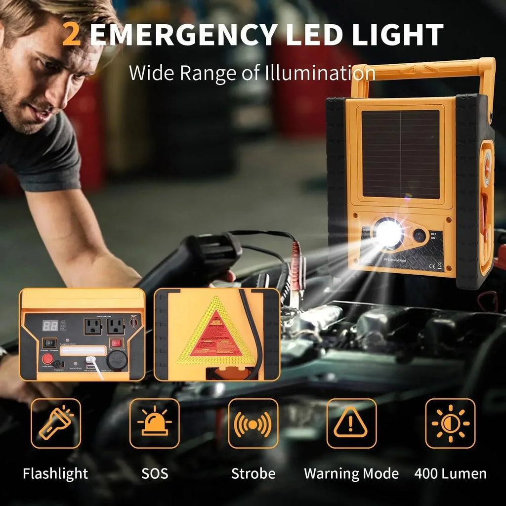 2000A Car Jump Starter with Air Compressor, 5W Solar Panel Portable Power Station, Tire Inflator 260PSI, Car Battery Charger with Inverter Dual 400W AC DC USB Ports, 12V Battery Pack Jump Box