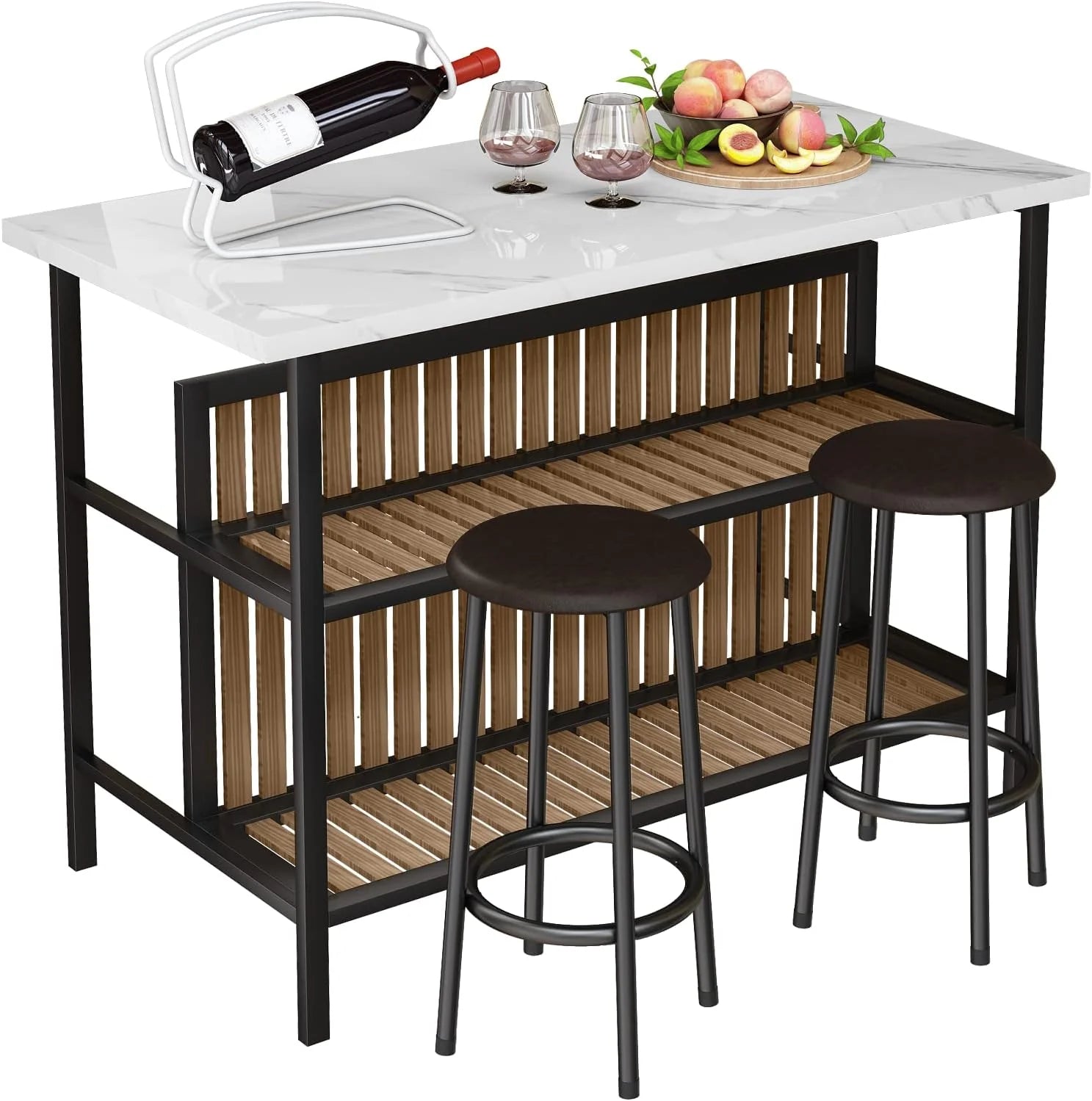 Kitchen Island with Seating & Storage Shelf, Faux Marble Island Table for Kitchen, Modern Bar Table and Chairs Set for 2,Dining Table Set for Small Space,White1 pcs