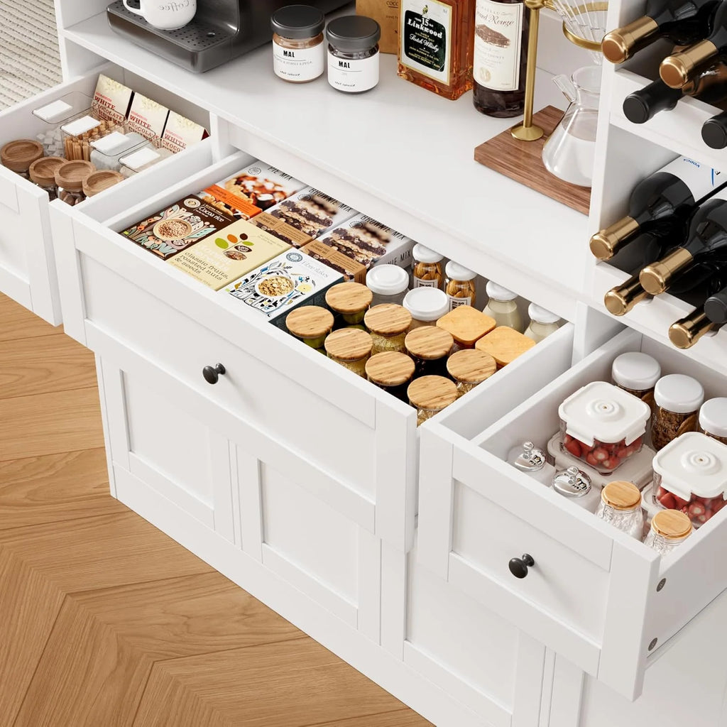 72" Tall Kitchen Pantry with Wine Rack, Pantry Cabinet with Microwave Stand, Large Hutch with Ample Storage, Hutch Cabinet for Kitchen, Dining, Living Room, White1 pcs