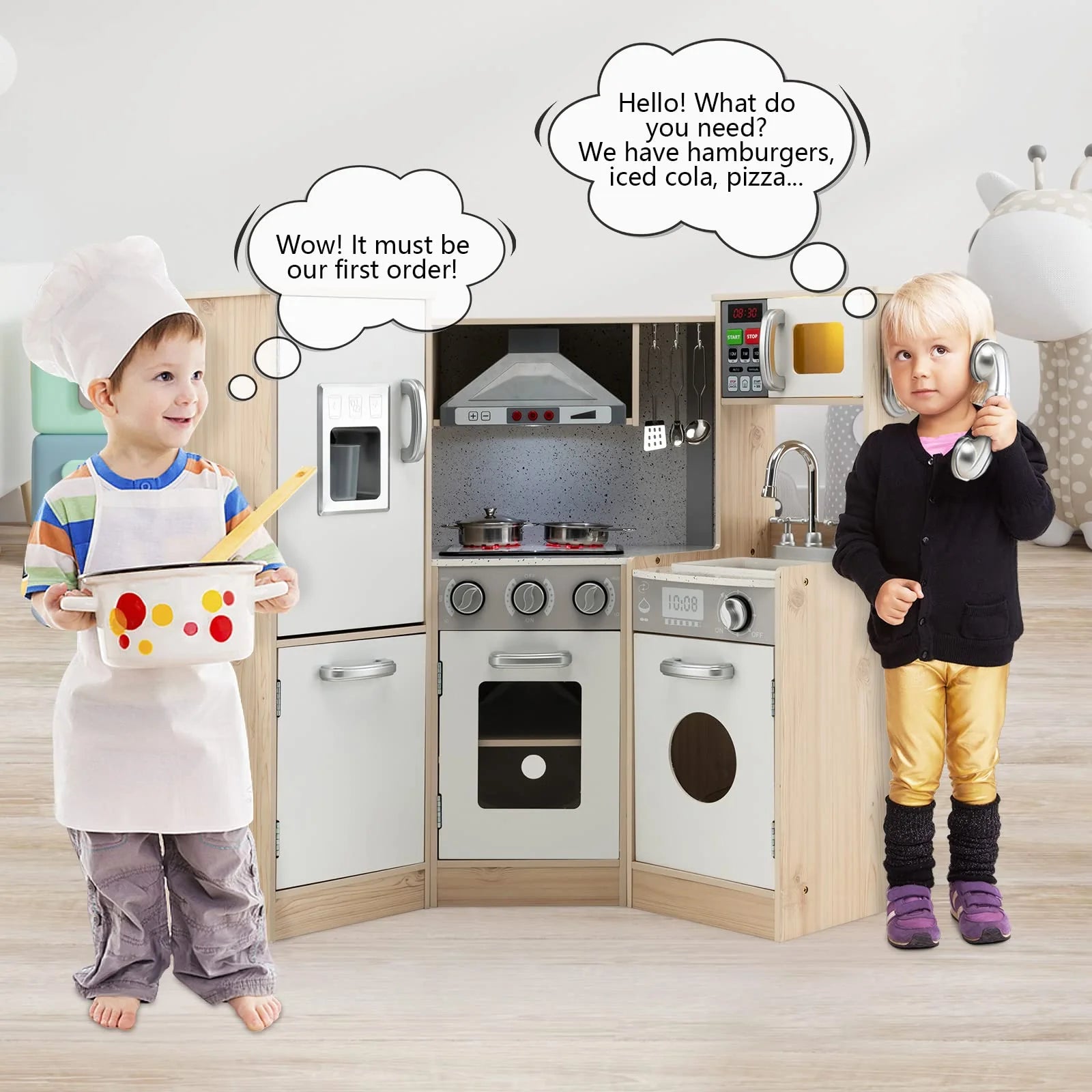 Kids Corner Kitchen Playset, 9-in-1 Wooden Pretend Play Kitchen Toy Set w/Realistic Light & Sound