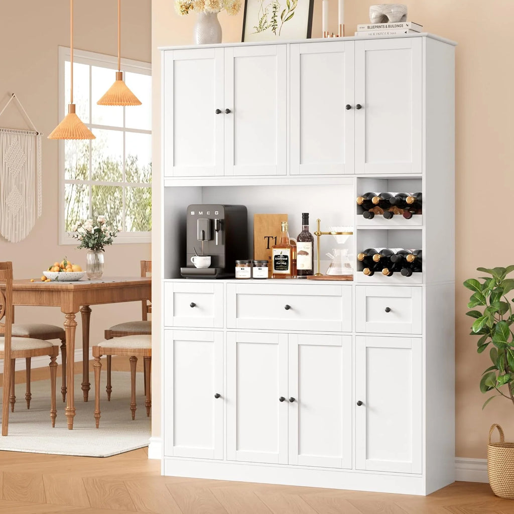 72" Tall Kitchen Pantry with Wine Rack, Pantry Cabinet with Microwave Stand, Large Hutch with Ample Storage, Hutch Cabinet for Kitchen, Dining, Living Room, White1 pcs