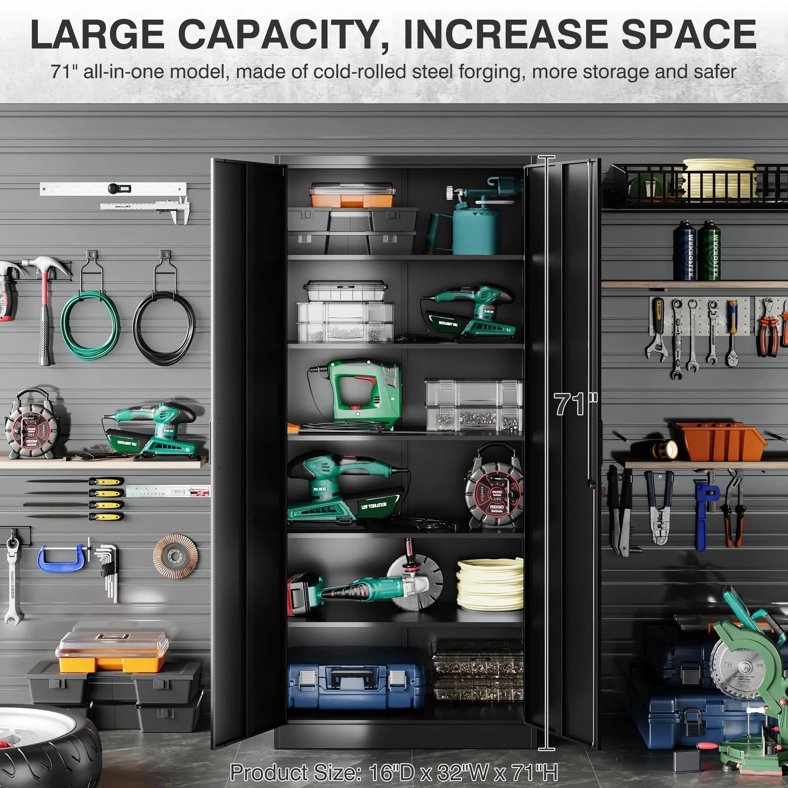 SISESOL 71" Metal Garage Storage Cabinet with 2 Doors