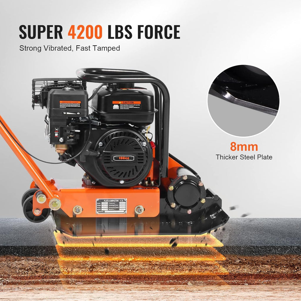 6.5HP Plate Compactor, 196CC Gas Engine, 4200 lbs Vibratory Compaction Tamper, 22.1x15.9 in Plate Power Jumping Jack Tamper, 5600 VPM Pavement Compactor for Walkways, Asphalts, Paver Landscaping1 pcs