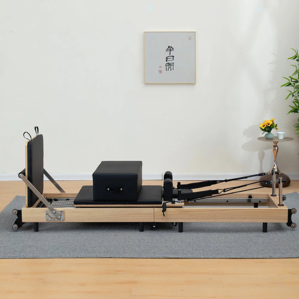 Foldable Pilates Reformer for Home Workouts, Oak Wood Frame, 6 Springs