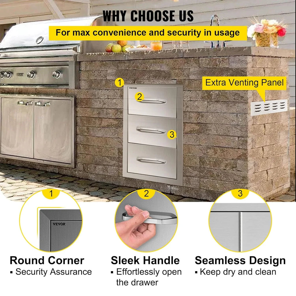 14x20.3 Inch Outdoor Kitchen Drawers Stainless Steel, Flush Mount Triple Drawers, 14W x 20.3H x 23D Inch, with Stainless Steel Handle, BBQ Drawers for Outdoor Kitchens or BBQ Island1 pcs