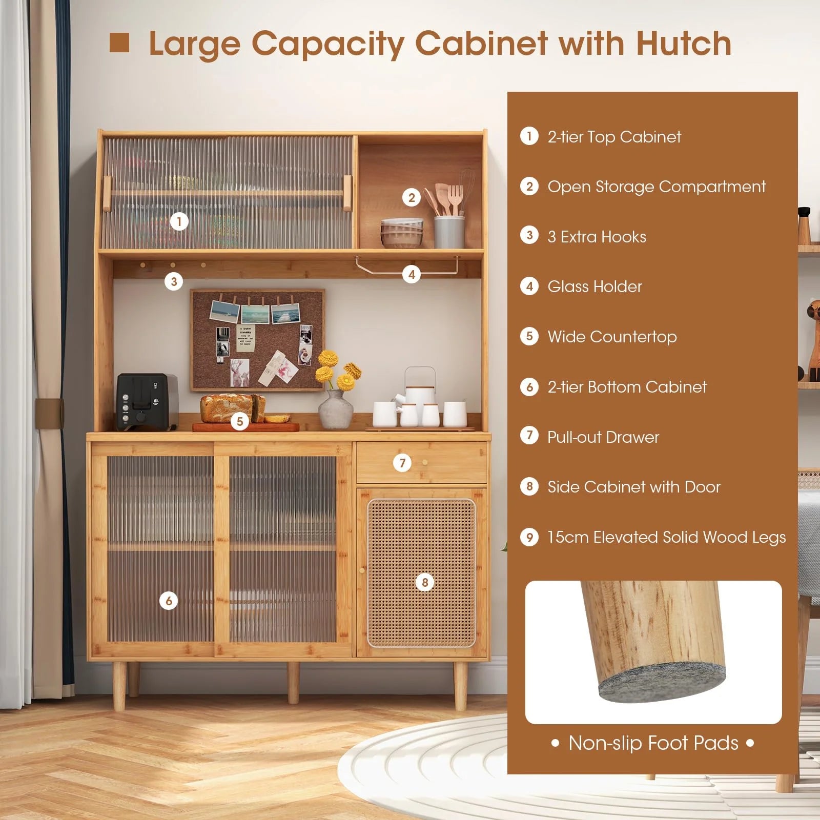 Giantex Bamboo Buffet Cabinet w/Hutch, 175cm Wine Bar Kitchen Cabinet