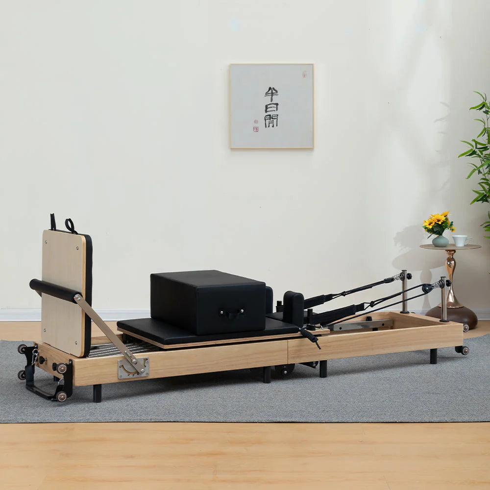 Foldable Pilates Reformer for Home Workouts, Oak Wood Frame, 6 Springs