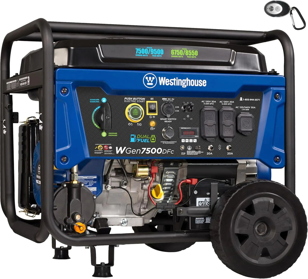 Dual Fuel Home Backup Portable Generator, 12500 Peak Watts & 9500 Rated Watts, Remote Electric Start, Transfer Switch Ready, Gas and Propane Powered, CARB Compliant1 pcs