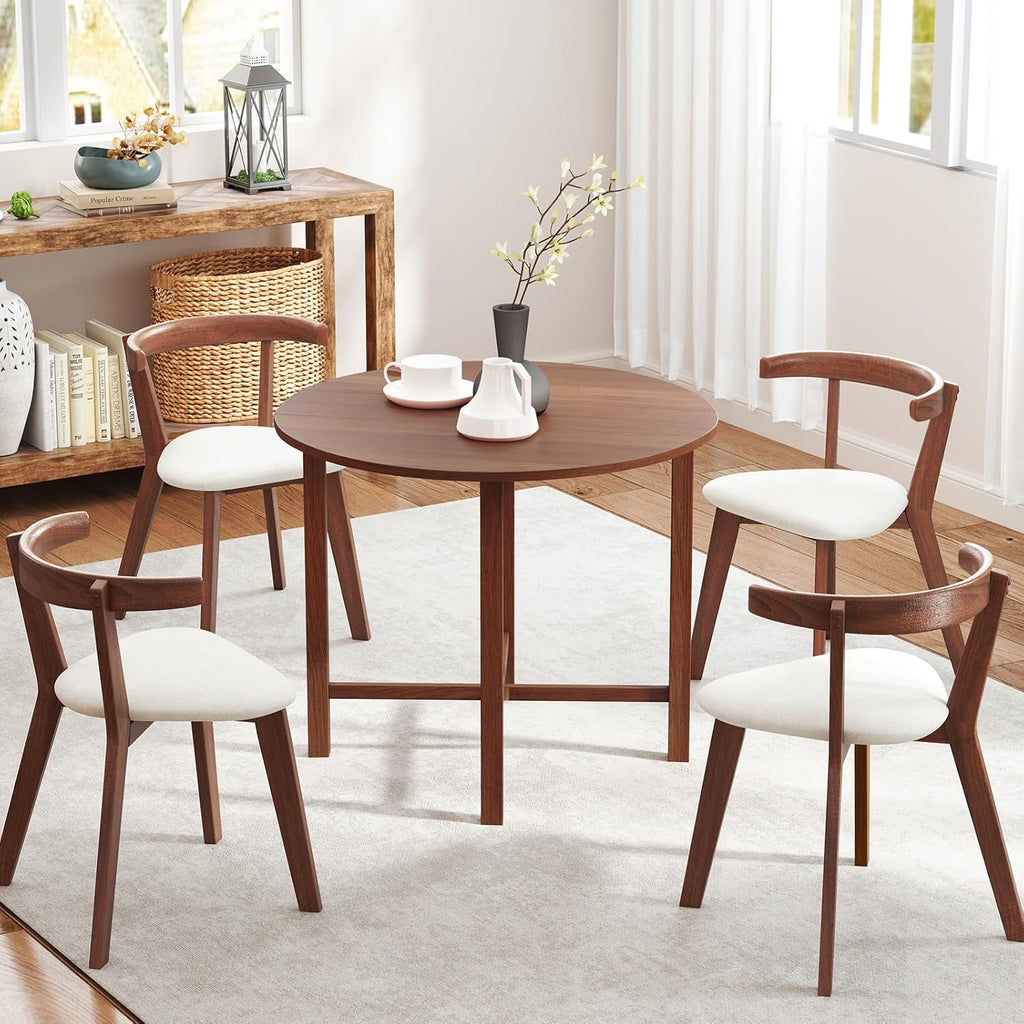 Round Drop Leaf Dining Table, 36” Folding Kitchen Table with Solid Wood Legs, Farmhouse Extendable Table for 2-4 People, Dinner Table for Dining Room, Living Room, Restaurant, Walnut1 pcs