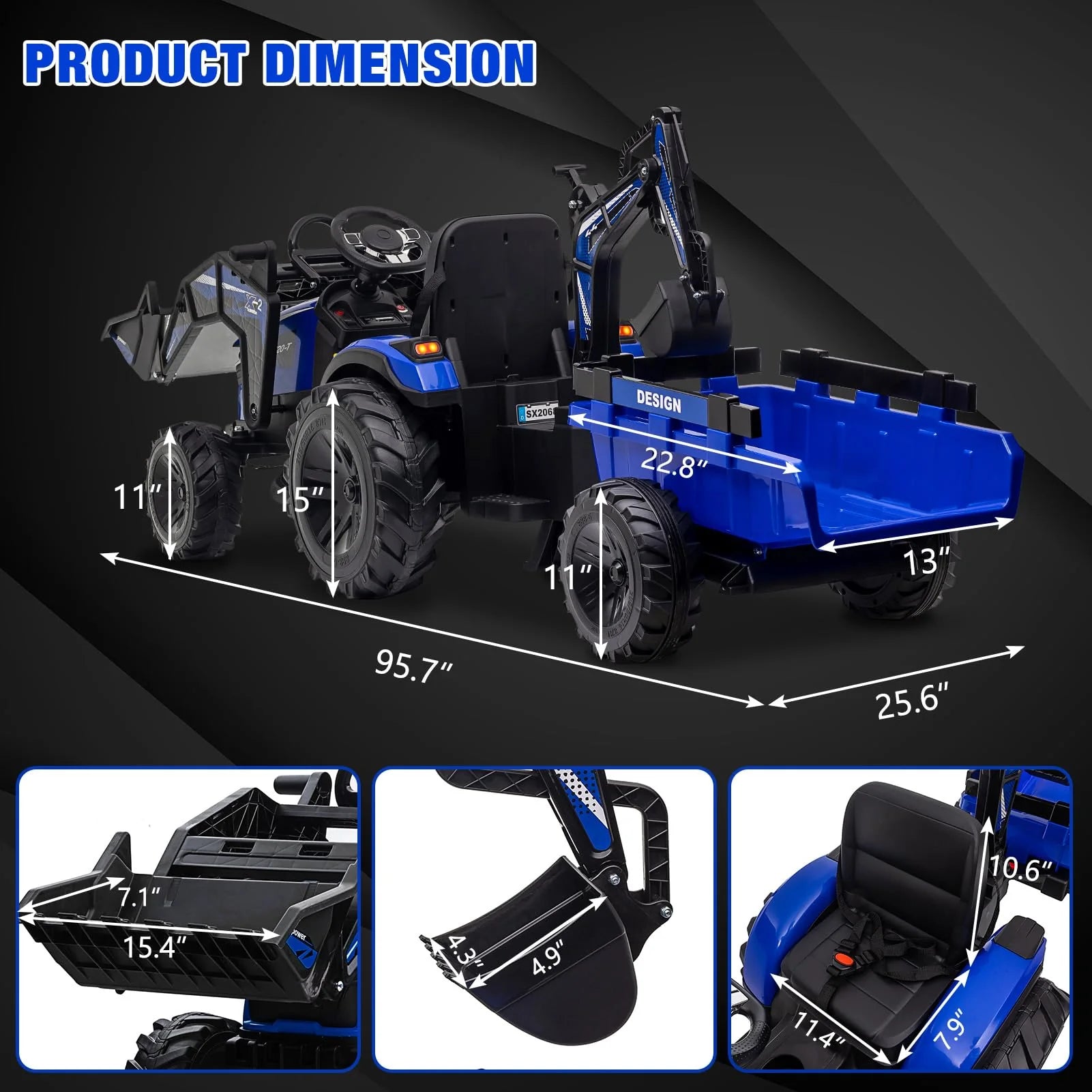 3-in-1 Ride-On Tractor, 24V Electric, Excavator & Bulldozer, Remote Control, LED, Music, USB/Bluetooth max 66 lbs �� Bright-blue