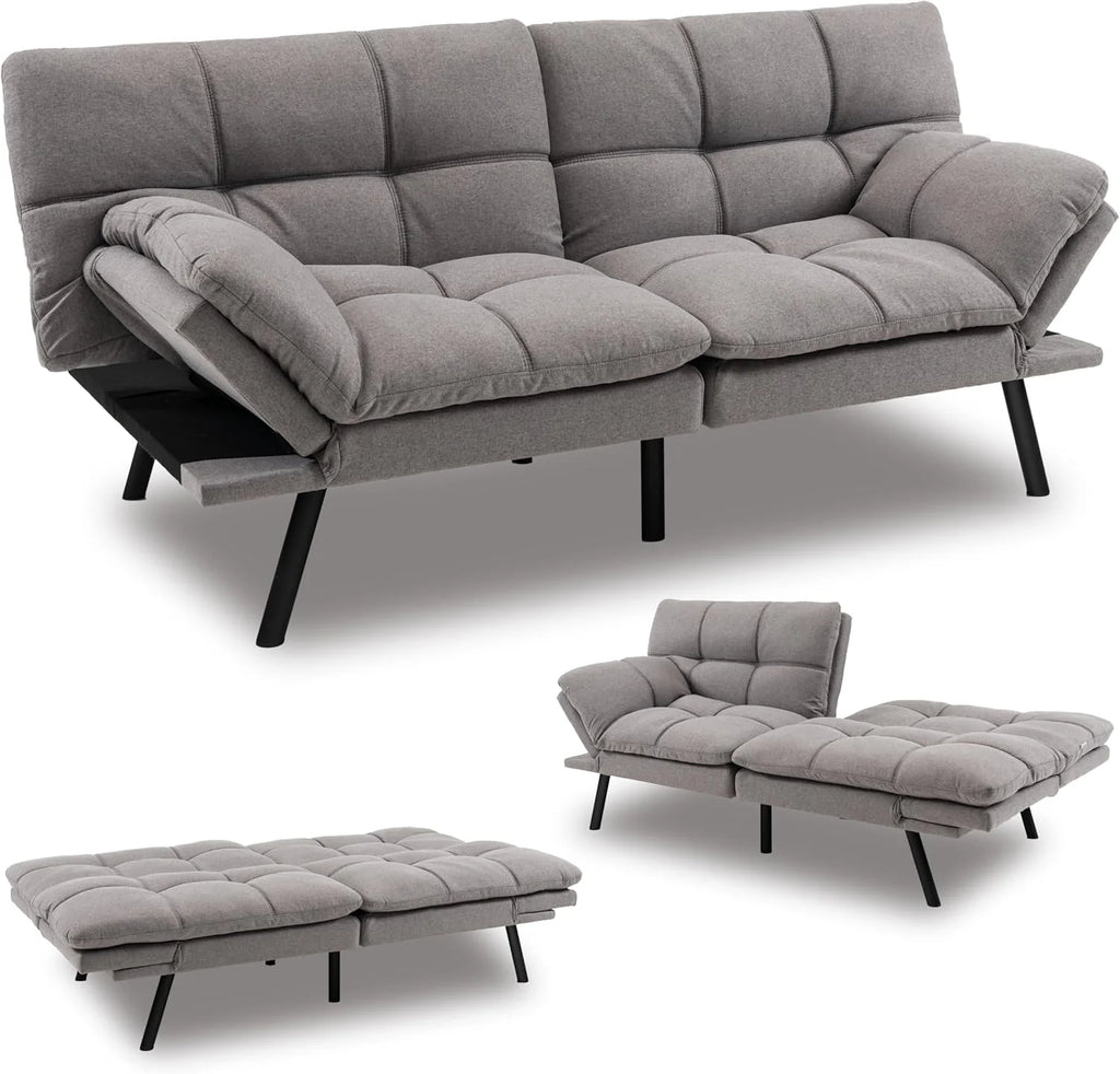 Futon Sofa Bed, 72" Memory Foam Convertible Futon Couch with Adjustable Backrest & Armrests, Metal Legs, Modern Loveseat Sleeper Bed Split-Back Sofa for Small Apartment, Grey1 pcs