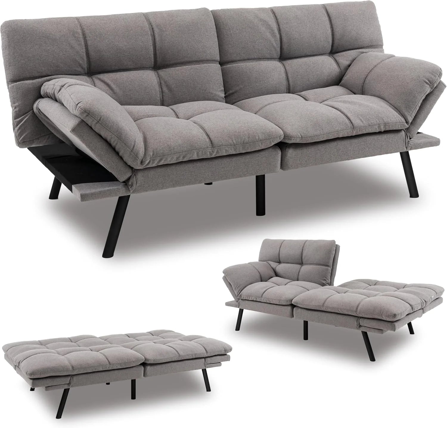 Futon Sofa Bed, 72" Memory Foam Convertible Futon Couch with Adjustable Backrest & Armrests, Metal Legs, Modern Loveseat Sleeper Bed Split-Back Sofa for Small Apartment, Grey1 pcs