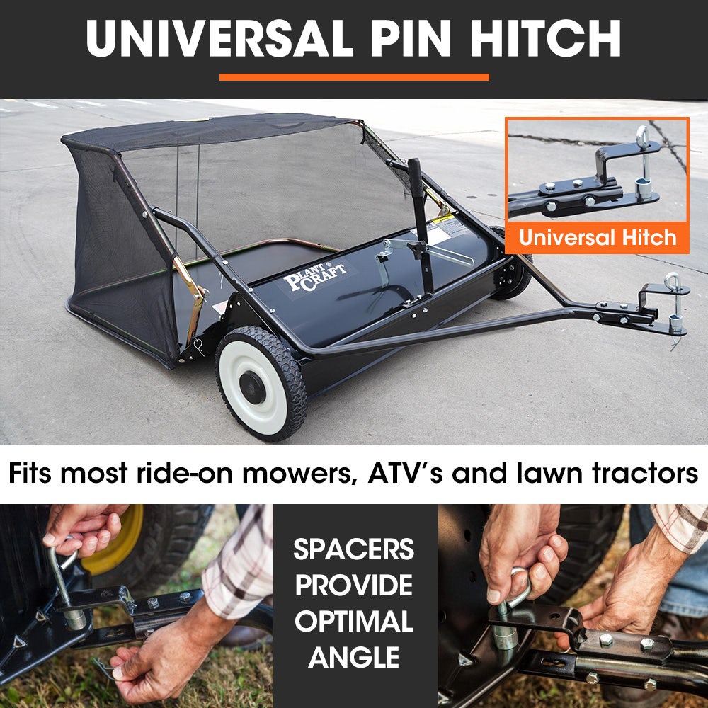 PLANTCRAFT Lawn Sweeper 38" Wide, Tow Behind Leaf and Grass Clipping Collector, Universal Hitch for Ride on Mower, Garden Tractor