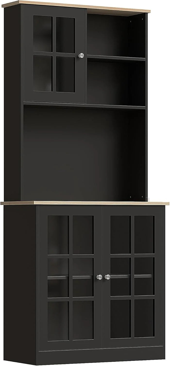 72" Kitchen Pantry with Microwave Stand, Tall Buffet Storage Cabinet with Adjustable Shelves and Glass Doors, Black1 pcs