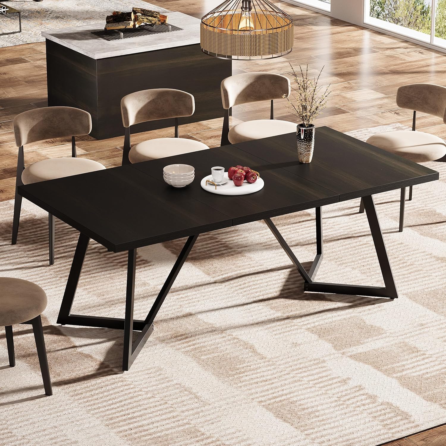 70.86-Inch Large Dining Table for 4-6, Modern Black Dining Room Table with Metal Frame, Rectangular Kitchen Dinner Table for Home Dining Room Family1 pcs