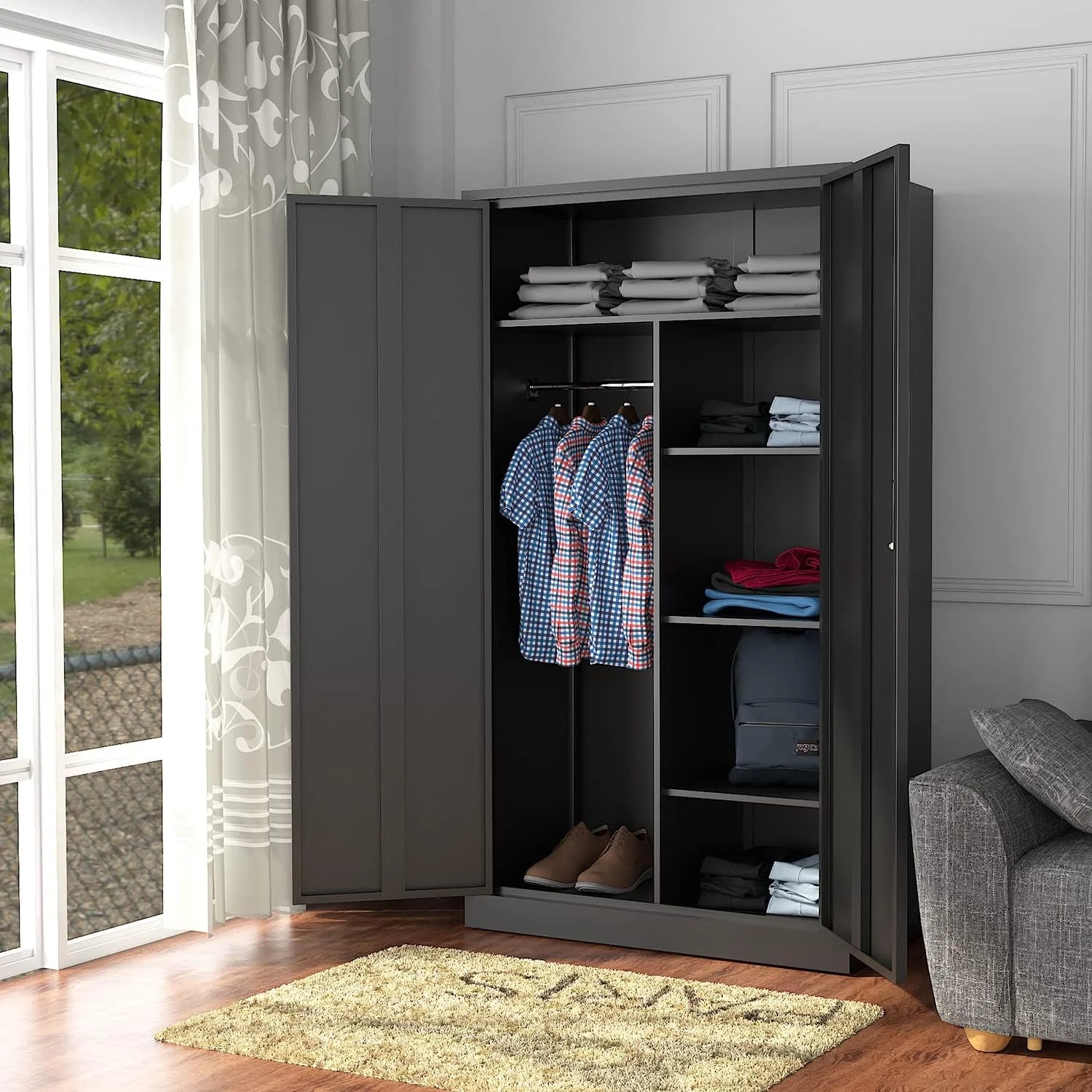 Metal Storage Cabinets Locker with Lock Door, 72'' Clothing Coat Steel Storage Freestanding Wardrobe for Office, Home, School, Employee,Gym,Fire Department (1PC-Black)1 pcs