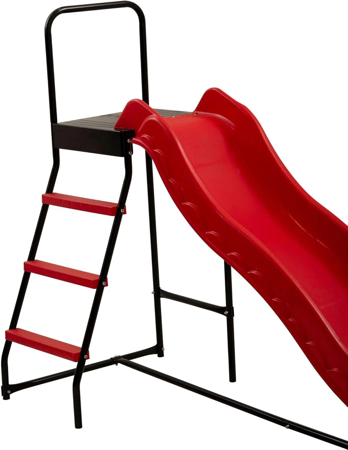 A combination of trampoline ladder and slide with a wide platform; a safe way for children and toddlers to enter and exit the trampoline; suitable for standard round or rectangular trampolines with or without nets; 3-level ladder and slide with a wid