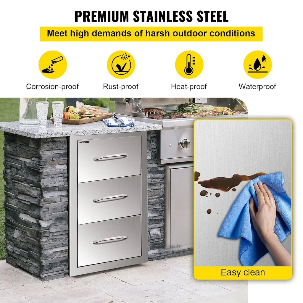 14x20.3 Inch Outdoor Kitchen Drawers Stainless Steel, Flush Mount Triple Drawers, 14W x 20.3H x 23D Inch, with Stainless Steel Handle, BBQ Drawers for Outdoor Kitchens or BBQ Island1 pcs