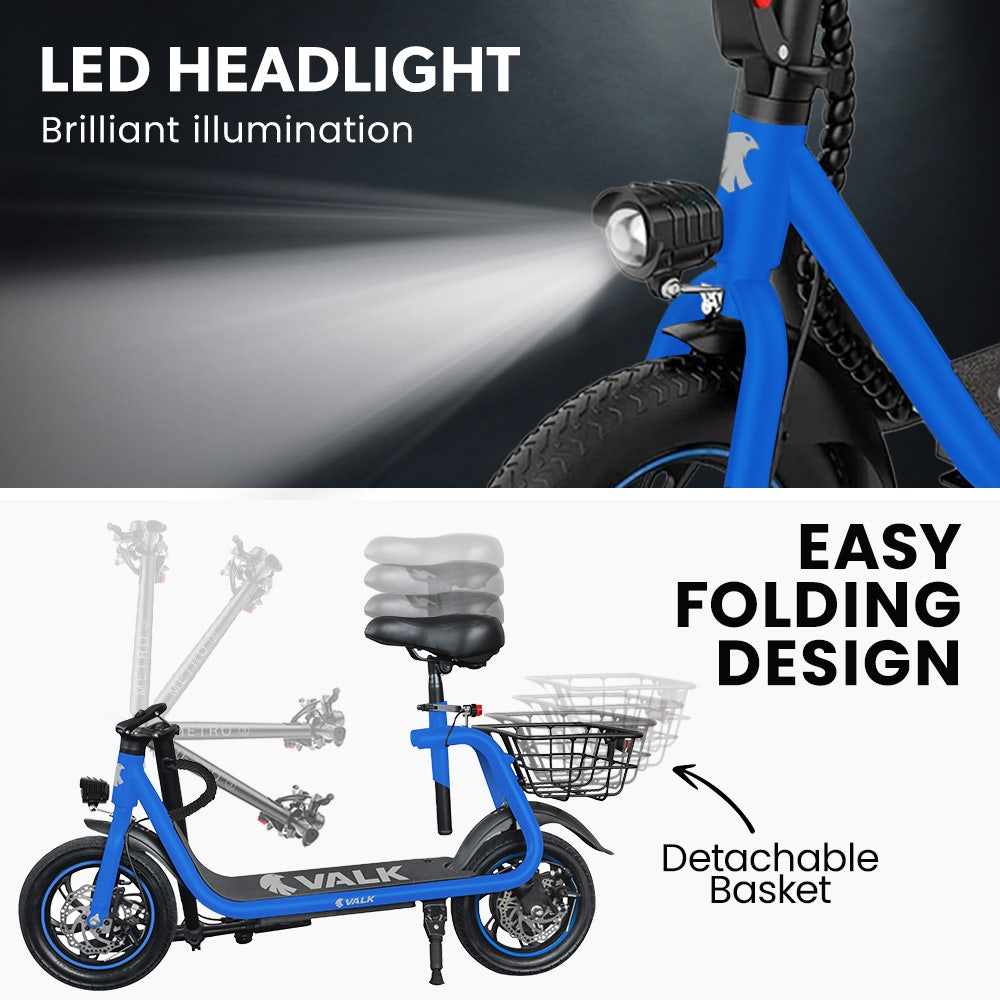 VALK Electric Scooter with Seat, Disc brakes, 12" Tyres, AU Compliant, for Adults, Teens, Commuter, Blue