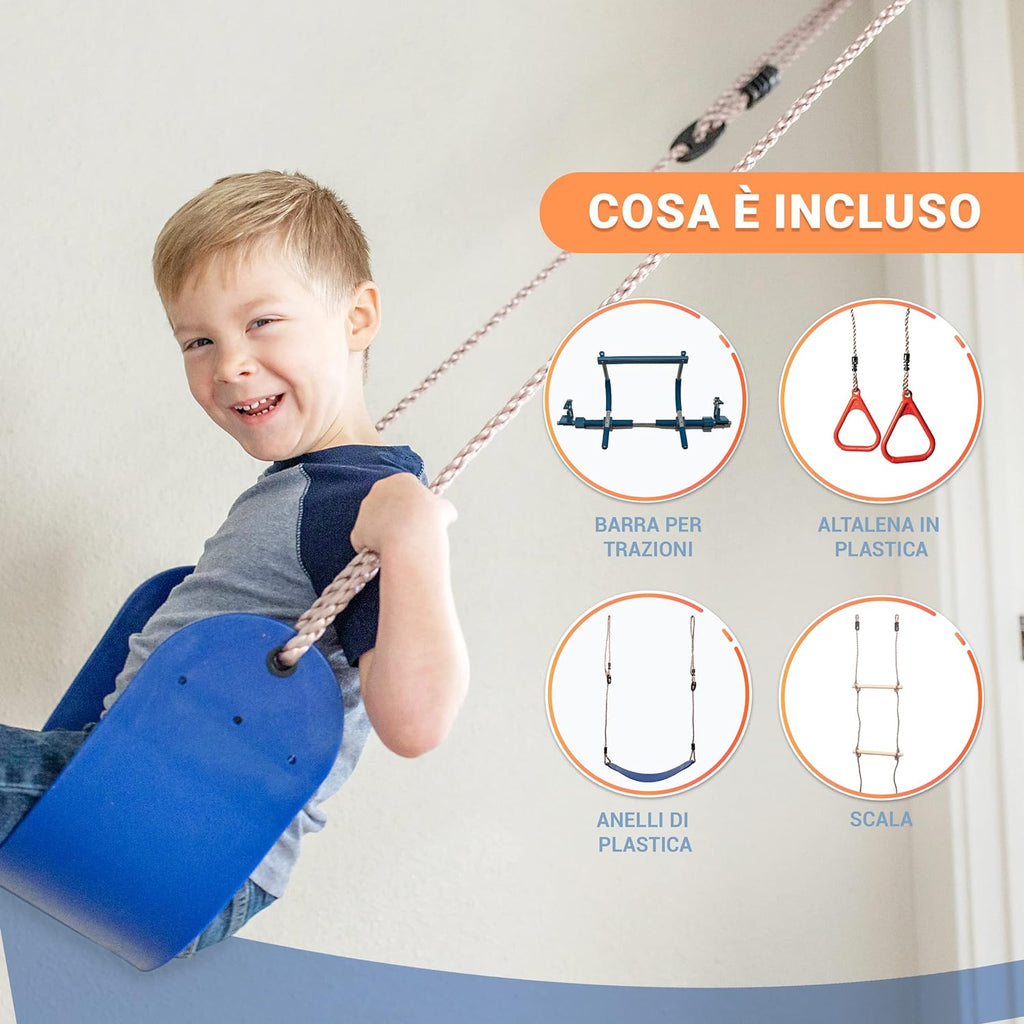 6-Piece Doorway Gym for Kids, includes Door Sensory Swing, Indoor Pull-Up Bar for Adults, Rings, Hanging Trapeze, Ladder & Knotted Rope, Holds Up to 300 Lbs