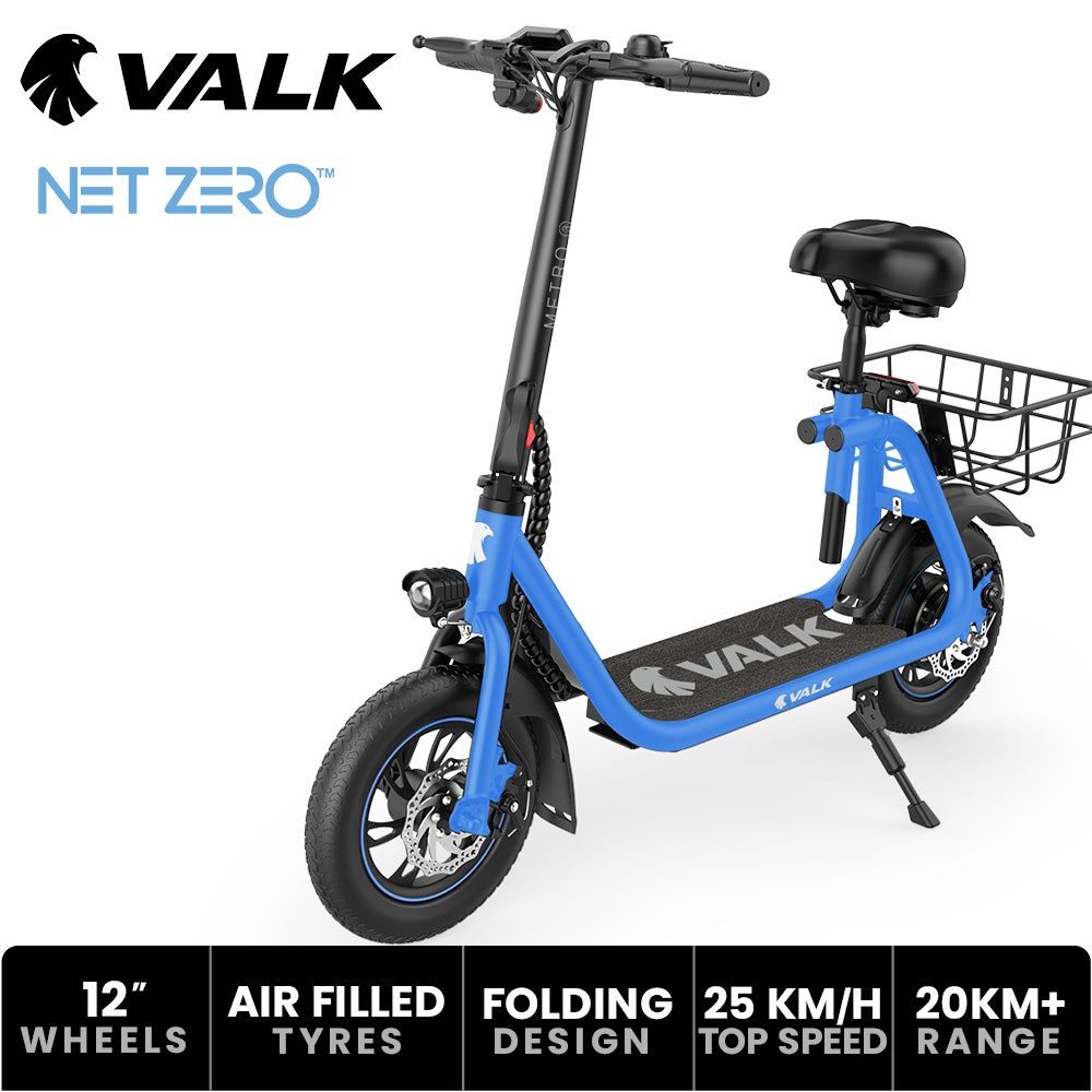 VALK Electric Scooter with Seat, Disc brakes, 12" Tyres, AU Compliant, for Adults, Teens, Commuter, Blue