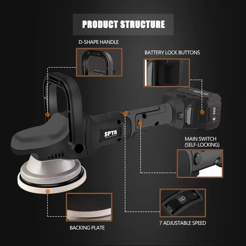 18V Cordless Car Polisher, 15mm Orbit 2000-4800 OPM Portable Buffer Polisher with 7 Variable Speed 2Pcs 4.0Ah Battery, 6 Sponge Pads,2 Wool Pad, Tool Bag for Car Polishing, Waxing