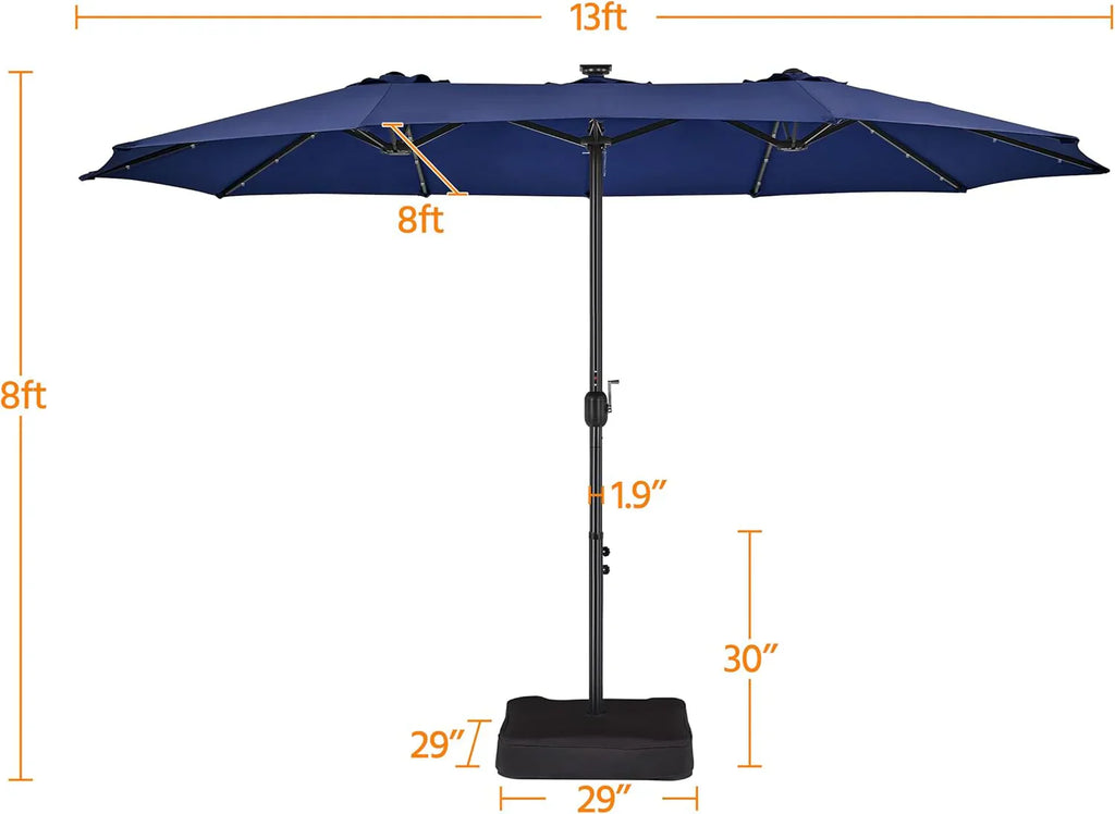 15 ft Large Patio Umbrella with Solar Lights Double-Sided Outdoor Rectangle Market Umbrellas with 36 LED Lights/Base Included/Easy Crank for Patio Garden Yard Pool Lawn, Brown