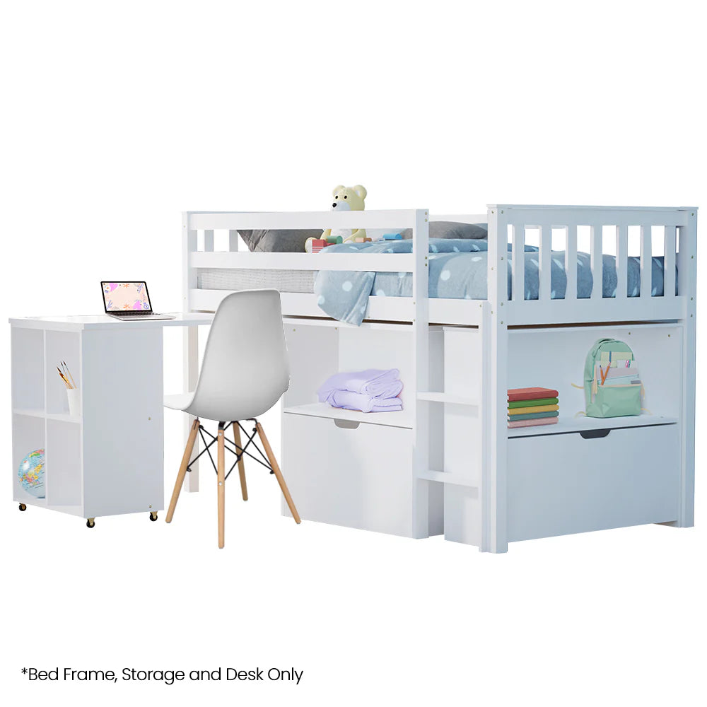 KINGSTON SLUMBER Wooden Kids Single Loft Bed Frame with Pull Out Desk, Storage Drawers - White